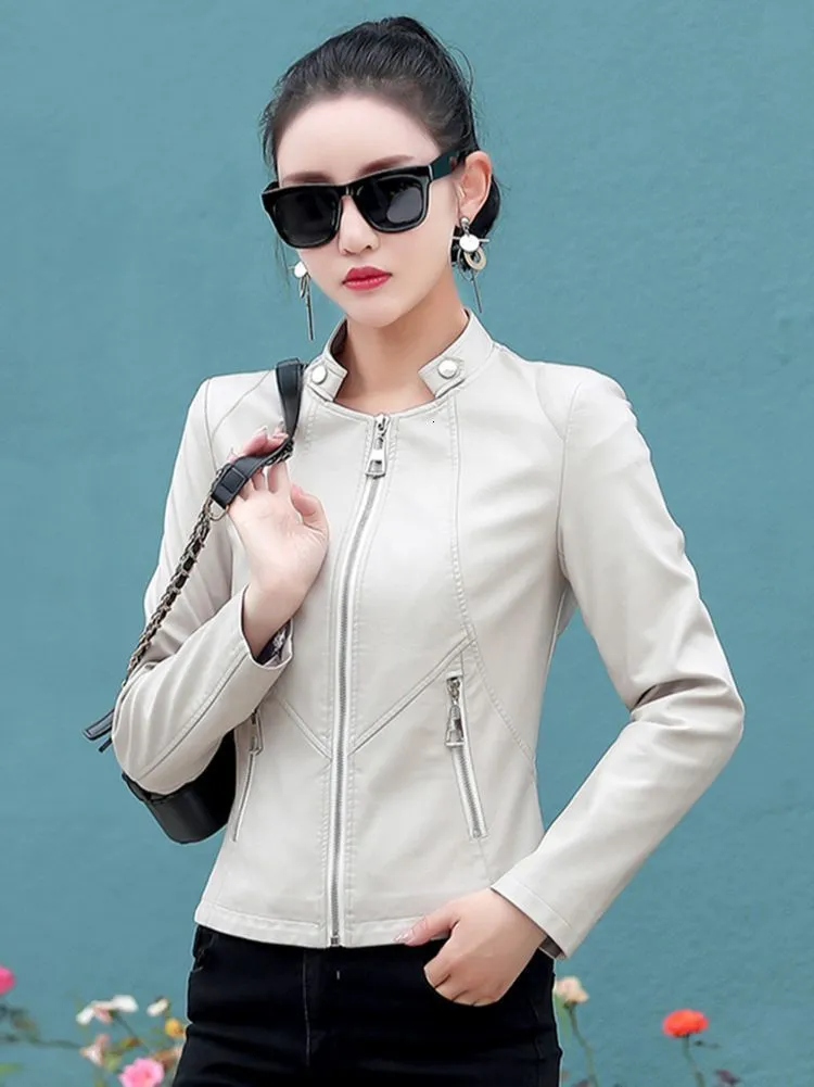 Women s Jackets Women Leather Jacket Spring Autumn Fashion Small Stand Collar Slim Waist Split Short Coat Pink Sheepskin Outerwear 230324