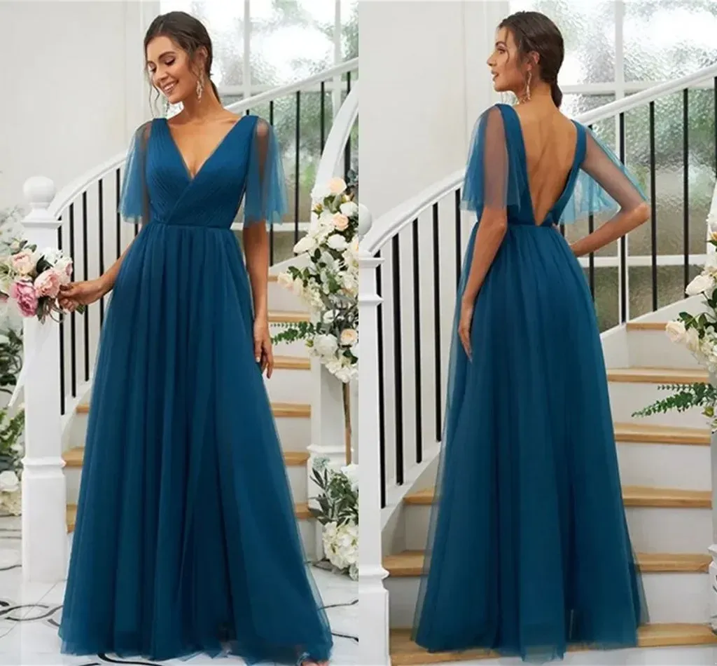 Country Ocean Blue Chiffon Bridesmaid Dresses Sexig backless V Neck A Line Maid of Honor -klänningar Plus Size Wedding Gäst bär 2023 BC15548