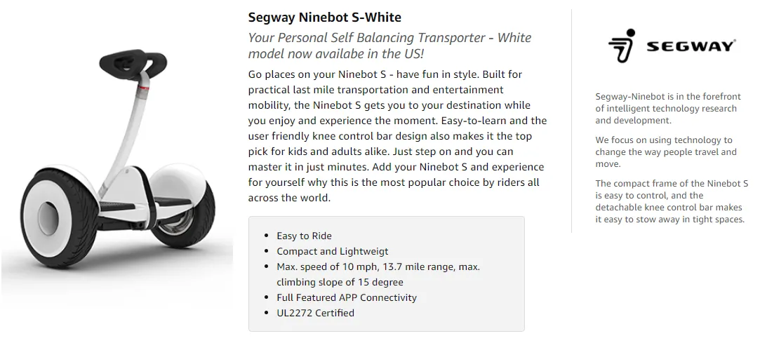 Segway Ninebot S Smart Self Balancing Hoverboard Scooter With LED