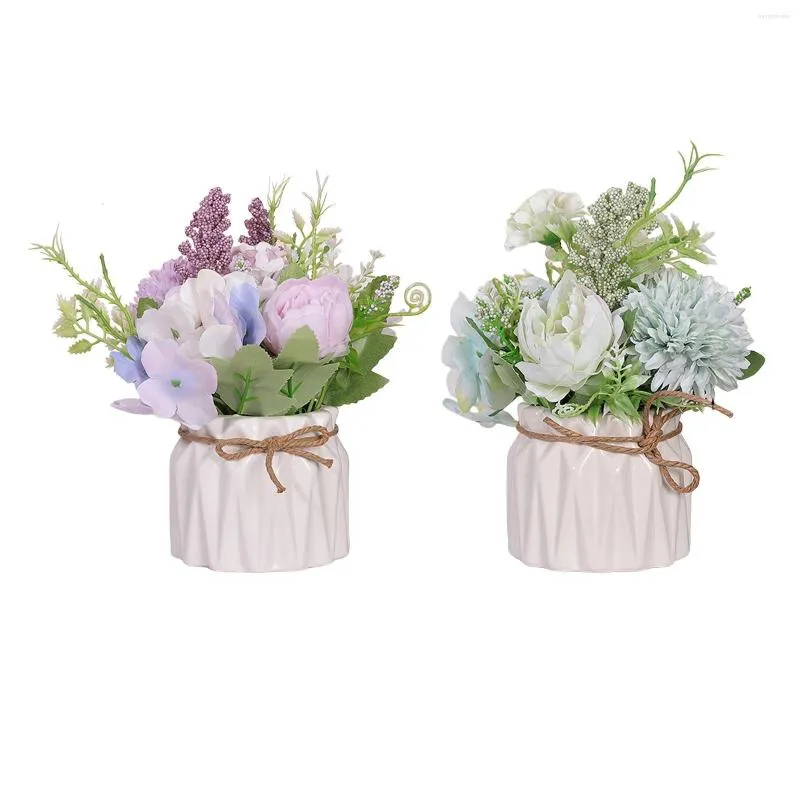 Decorative Flowers Mini Artificial Hydrangea Bonsai With Ceramic Vase Plant Floral Arrangement For Home Party Decor Ornament Gift