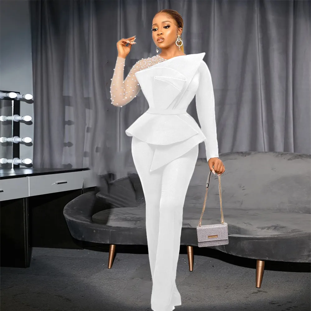 African Women White Jumpsuit Evening Dress With Pockets Deep V-Neck Cape  Sleeve Prom Party Gowns