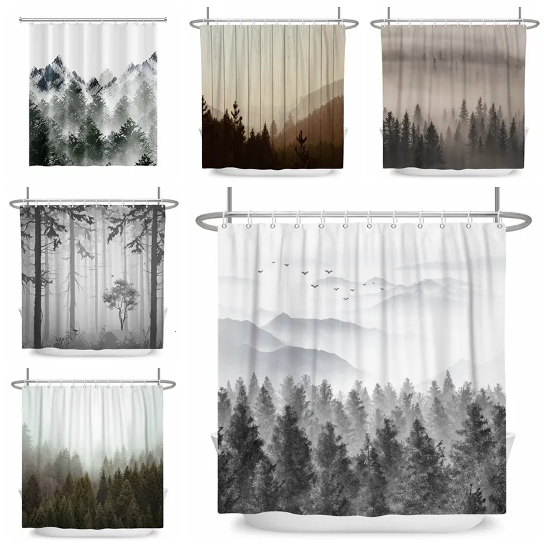 Shower Curtains Misty Forest Natural Woodland Fantasy Fog Tree Bathroom Curtain Waterproof Ployester Fabric Bathing with Hooks 230324