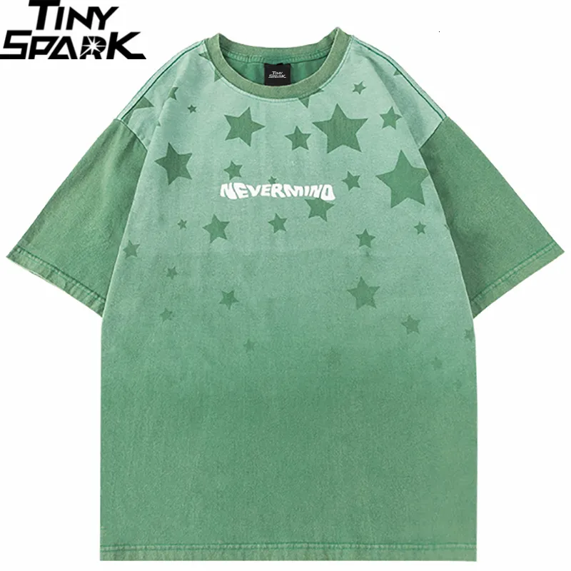 Magliette da uomo Uomo Streetwear Maglietta a colori sfumati Lettera Stelle Grafica Maglietta Maglietta estiva Hip Hop Harajuku Cotone Top Tees Verde 230324