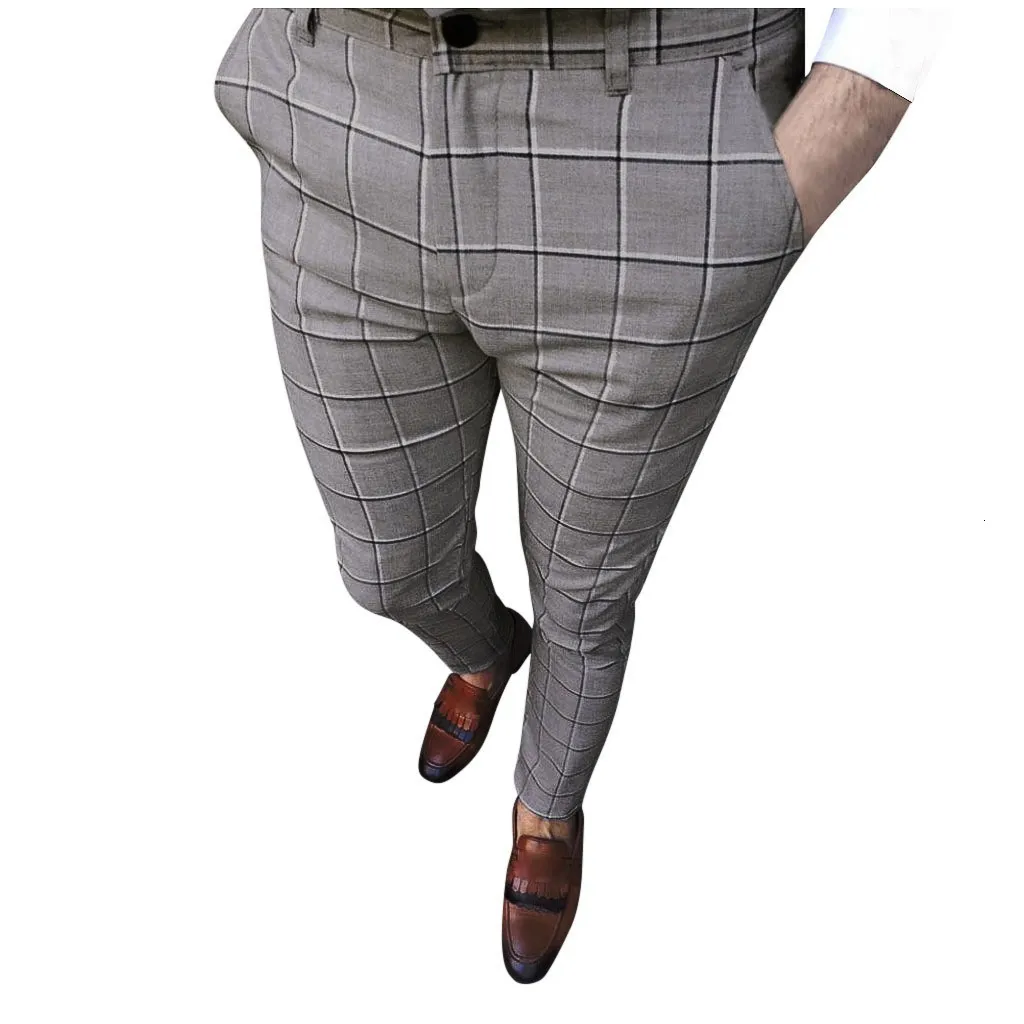 Men's Pants Fashion Pencil Trousers Men Casual Business Slim Fit Plaid Print Zipper Long Everyday 230324