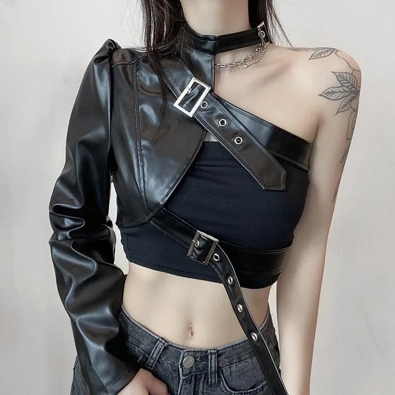 Women's Jackets Women's Spring Solid Color One-shoulder Irregular Leather Gold Adjustable Buckle Motorcycle Short Coat