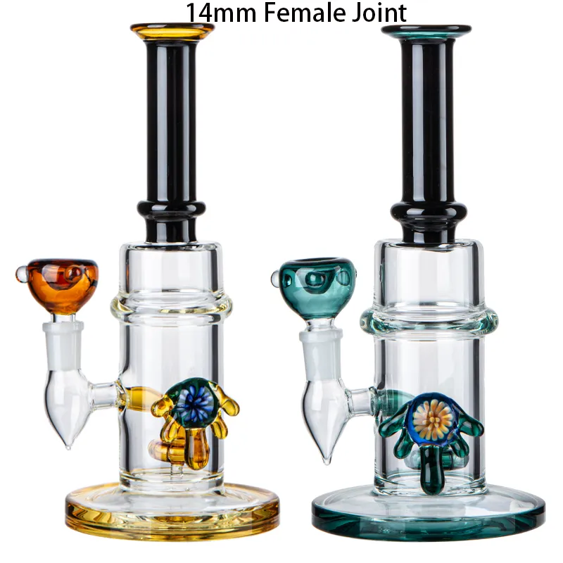 Hookahs 10 Inch Heady Glass Straight tube 14mm Female Joint Water Pipes Thick Bong showerhead perc Oil Dab Rigs Blue Amber Glass Bongs CS1223