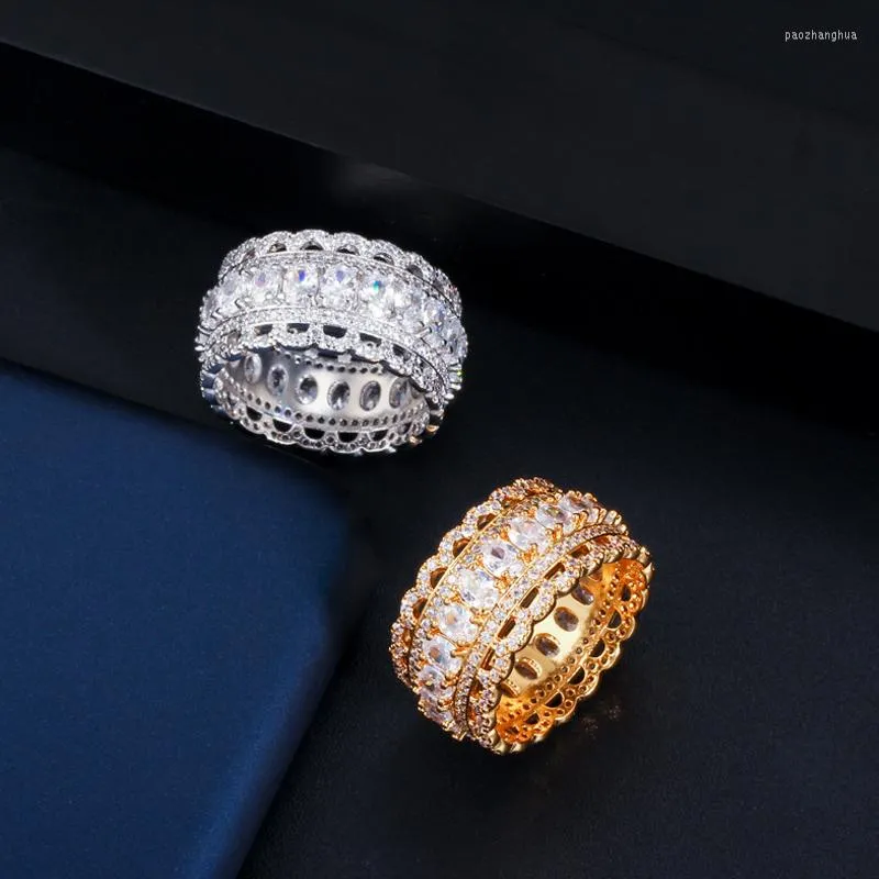Anéis de casamento Três gracas claras brancas cúbicas zirconia pedra de luxo anel de noiva para mulheres jóias de cor dourada r271
