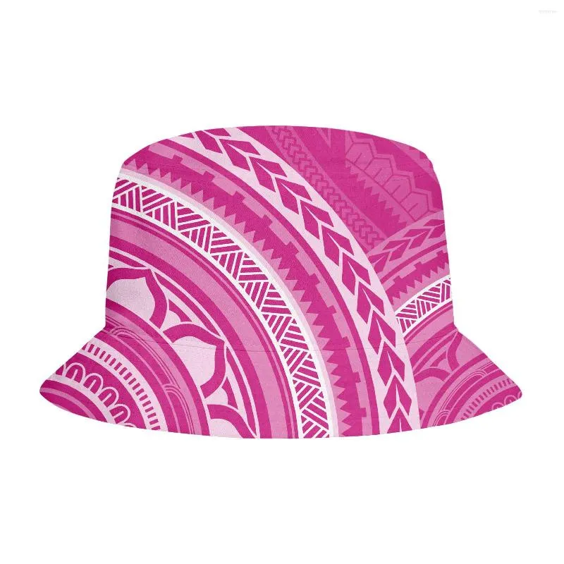 Wide Brim Hats Summer Polynesian Bucket Hat Foldable Fisherman Woman Soft Beach Sun Men's Fashion Pink And White Printing Cap