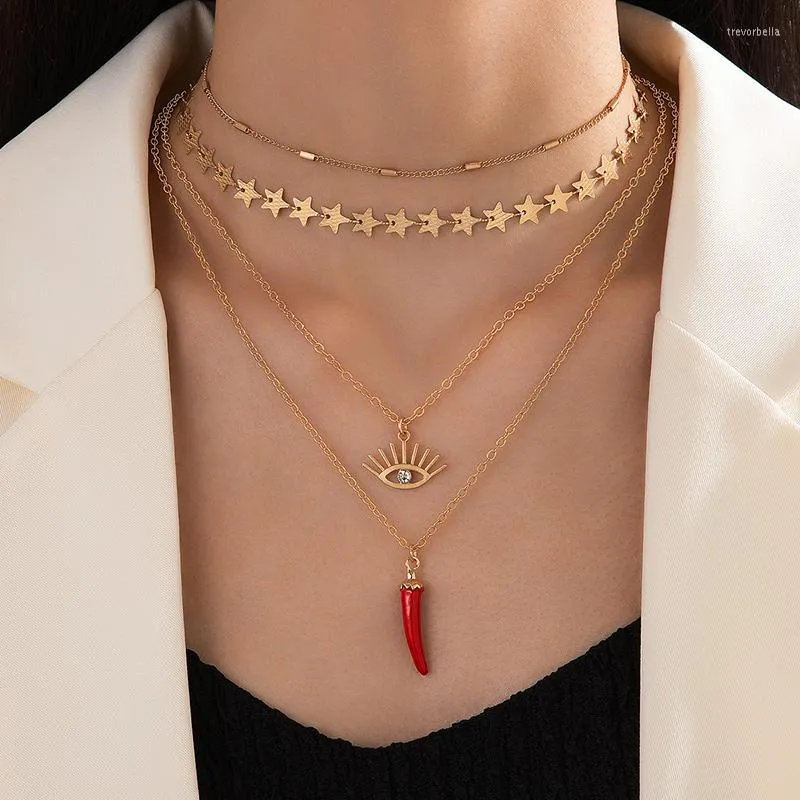 Chains Bohemian Red Pepper Set With Brick Eyes Pendant Necklace For Women Alloy Metal Five Point Star String Four Piece