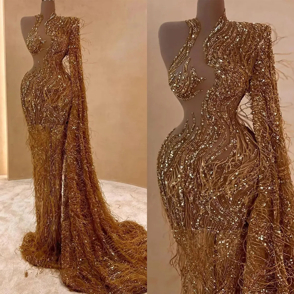 Golden Shine Evening Dress With Feather New Sexy Single Shawl Sleeves Crystal Party Bridal Gowns Robes De Mariee Sweep Train