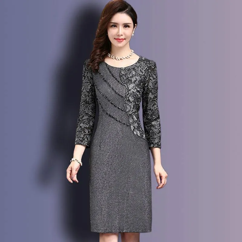 Casual Dresses Women Sexig klänning 2023 Autumn Elegant Winter 3/4 Sleeve Kne Length Vintage ol Work Wear Bodycon Lace Crochet 4xl