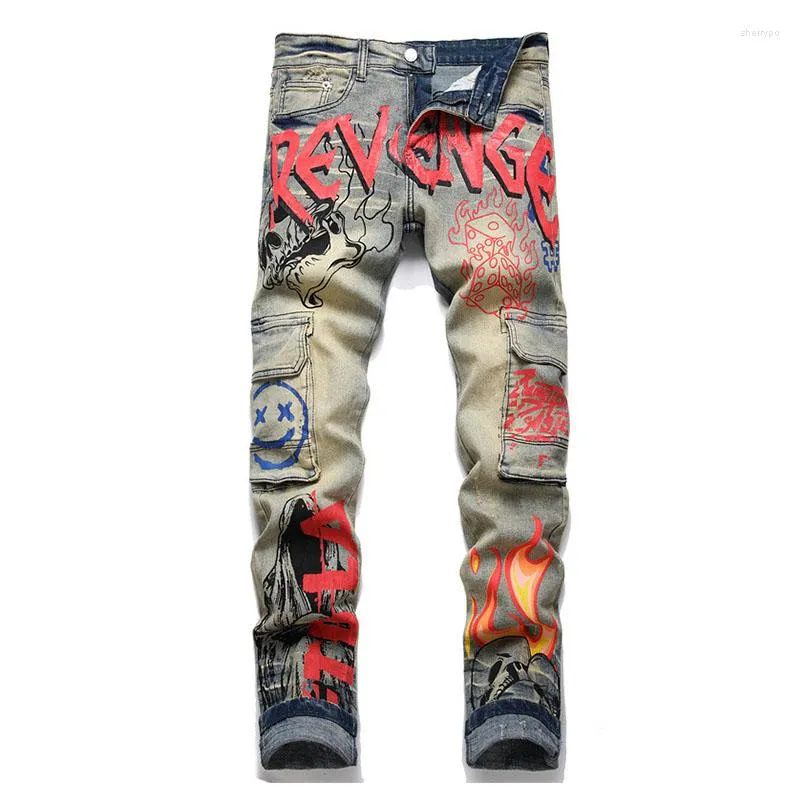 Heren jeans vintage hiphop schedel geprinte casual broek punkstijl multi -zakken harakuju denim broek voor mannelijke slanke fit