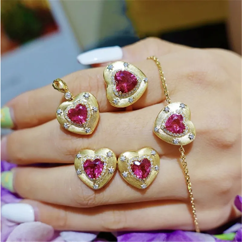 14K Gold Lovers Heart Ruby Diamond Jewelry Set 925 Sterling Silver Engagement Wedding Bracelet Rings Oorringen ketting voor vrouwen