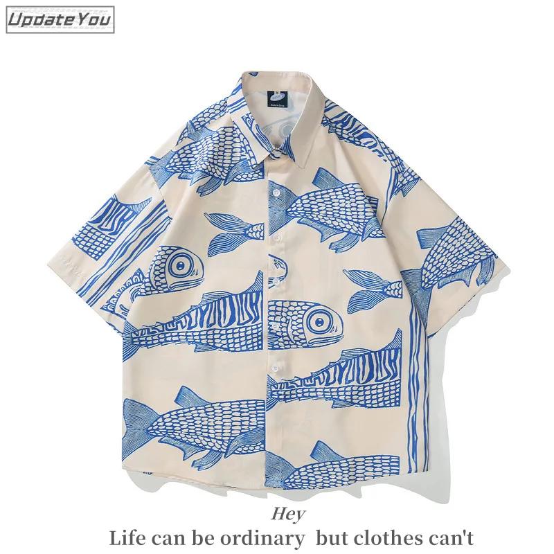 남성 캐주얼 셔츠 여름 대형 아메리칸 스타일 스트리트웨어 패션 소형 물고기 프린트 개인화 남성 캐주얼 셔츠 230323