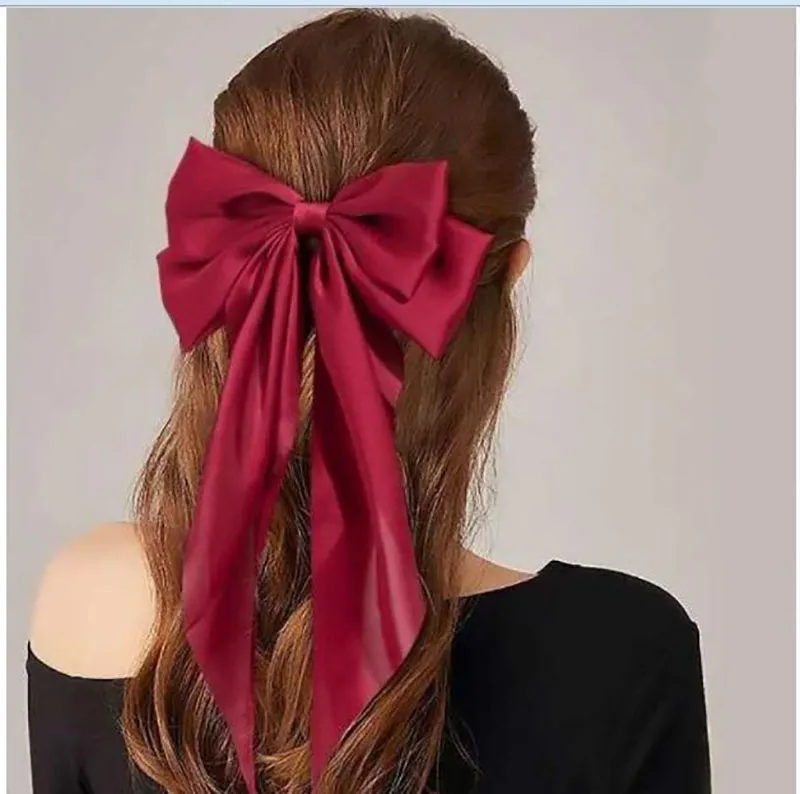 Silky Satin Hair Barrettes Clip for Women Large Bow Hair Slides Metal Clips French Barrette Long Tail Soft Plain Color Bowknot Hairpin Holding Hair 90's Accessories