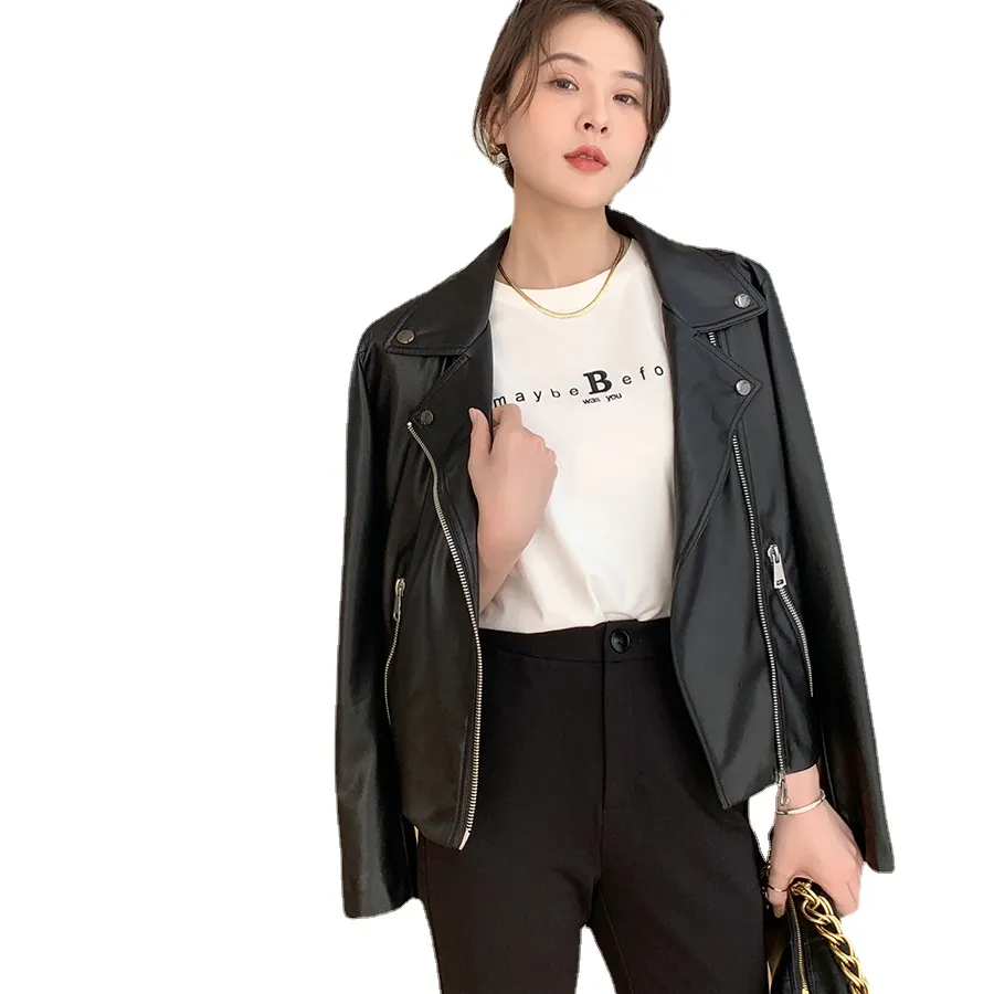 Women's Jackets PU Leather Motorcycle Handsome Lapels Coat Girls' Spring and Autumn Fashion 230324