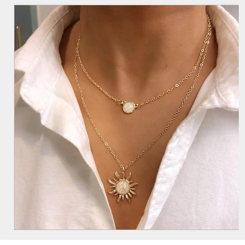 Pendant Necklaces Double Chains Moon And Sunflower Layering Necklace For Women Girls Fashion Clavicle Gift Your Honey