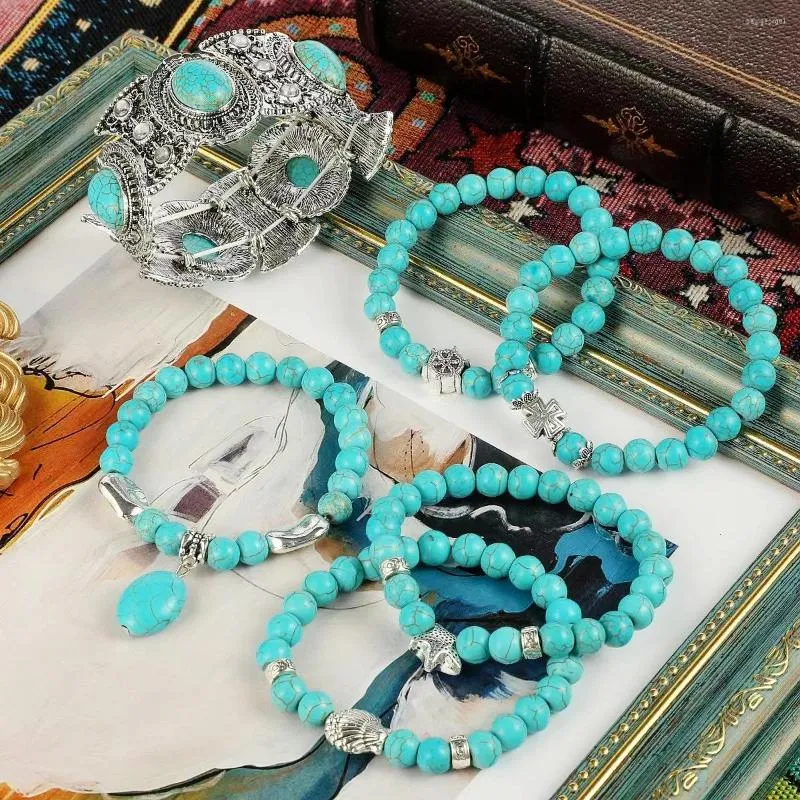 Strand European And American Beaded Women's Bracelet Set Bohemian National Style Fresh Versatile Retro Animal Pattern Turquoise Gir