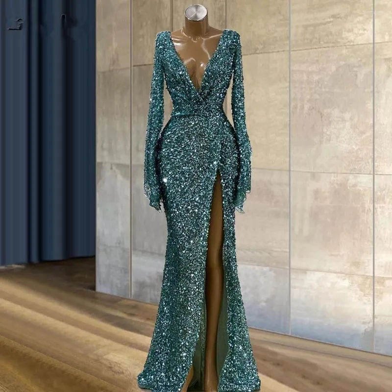 Party Dresses Glitter Green Evening Dress Deep V Neck Long Sleeves Sequins Side Split Custom Made Floor Length Prom Gowns