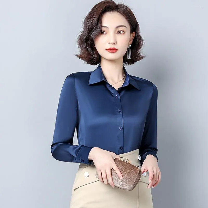 Women's Blouses Solid Women Long Sleeve Lapel Satin Shirts Fashion Spring Vintage Office Lady Formal Tops Female Casual Basic Clothing