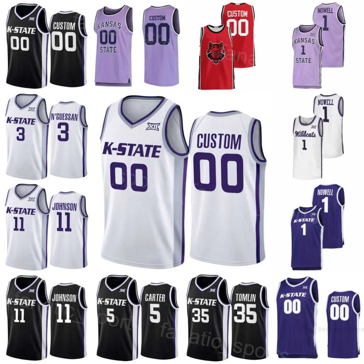 Kansas State Wildcats College 1 Markquis Nowell Jerseys Basketball 35 NaeQwan Tomlin 13 Desi Sills 3 David NGuessan 5 Cam Carter 11 Keyontae Johnson Homme Femme Jeunesse