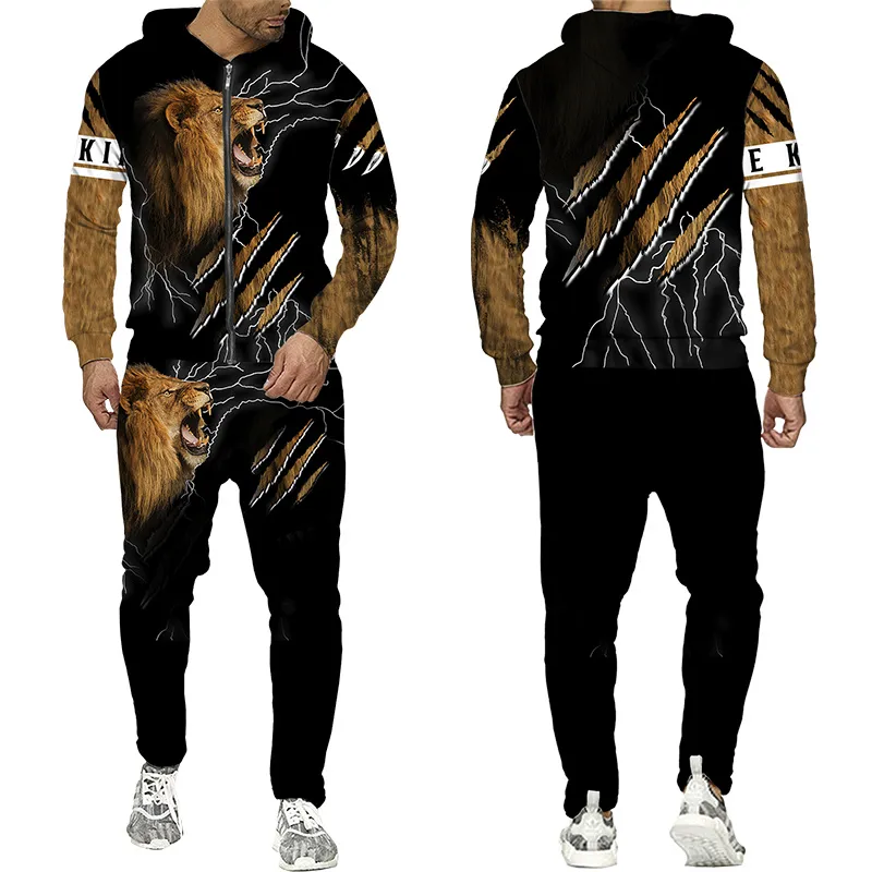 Autumn and Winter Men's Tracksuit 3d Lion Print dragkedja hoodies tröjor byxor sätter avslappnade herrkläder kvinnors träning006