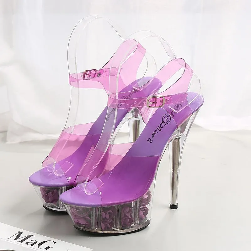 Sandals Flowers Transparent Crystal Shoes Sum Flower Wedding Women Platform Thin Heel Ultra High HeelsSandals