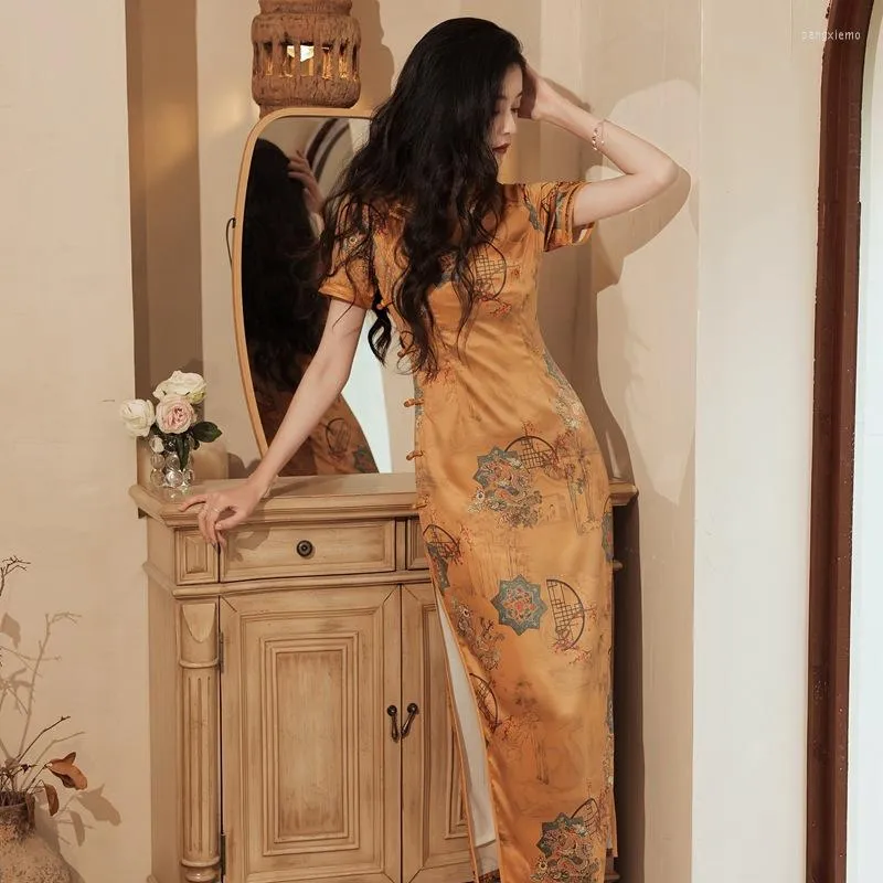 Ubranie etniczne wspaniałe kobiety ubieraj się seksowne damskie damskie wysokie widelec cheongsam chiński tradycyjny szczupły guzik vintage jedwabny satynowy wieczór imprezowy
