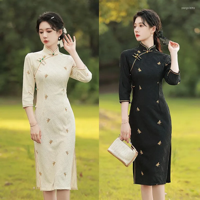 Etnik Giyim Muhteşem Mandarin Yakası Çin Geleneksel Kadınlar Qipao İnce Pamuk Keten Uzun Çatal Bayanlar Cheongsam Vintage
