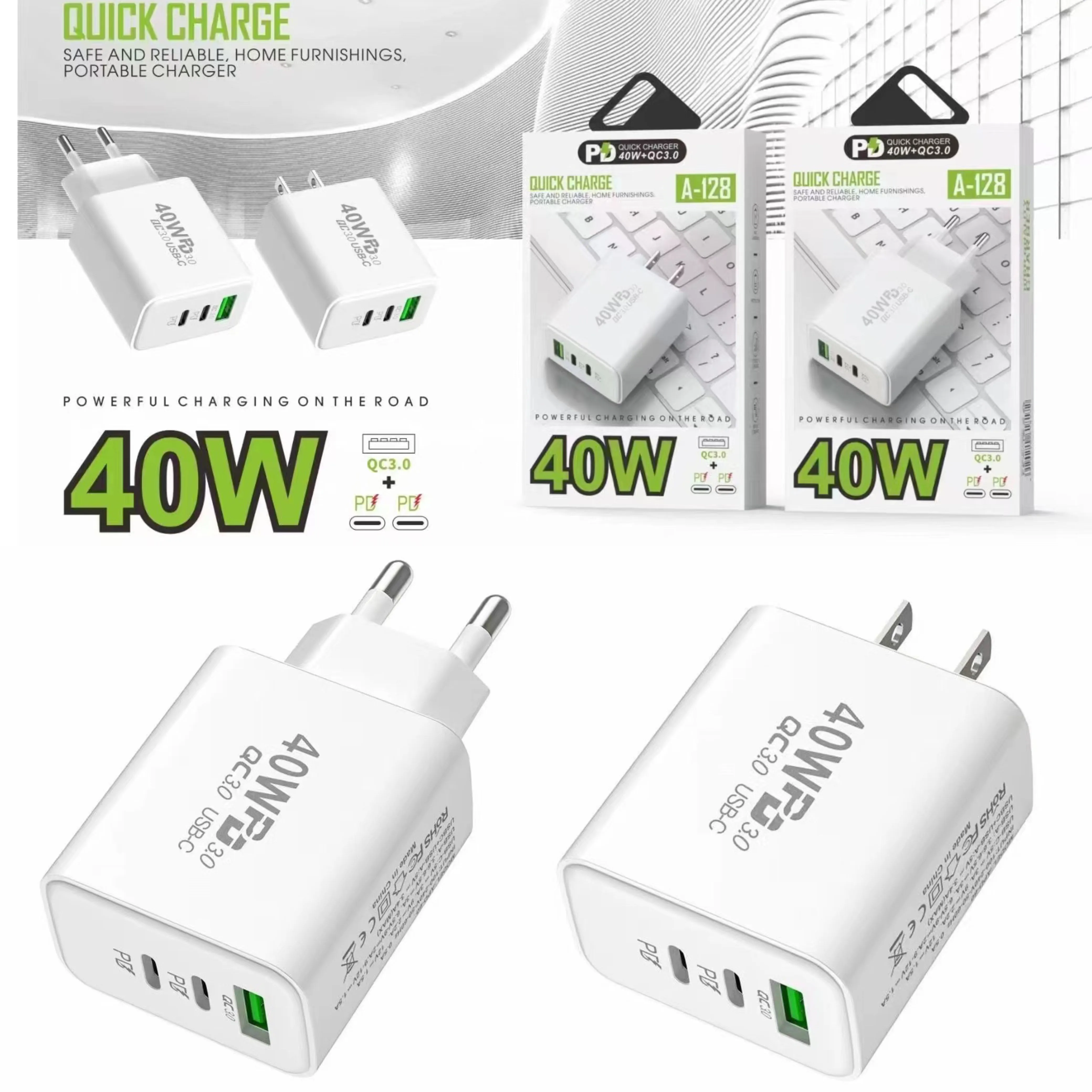 40W 3A 3 portar Dual PD Typ C Wall Charger Snabbladdning Kraftadaptrar för iPhone 14 13 Samsung S23 S22 UTRAL HTC Xiaomi Huawei Celltelefonladdare med låda med låda