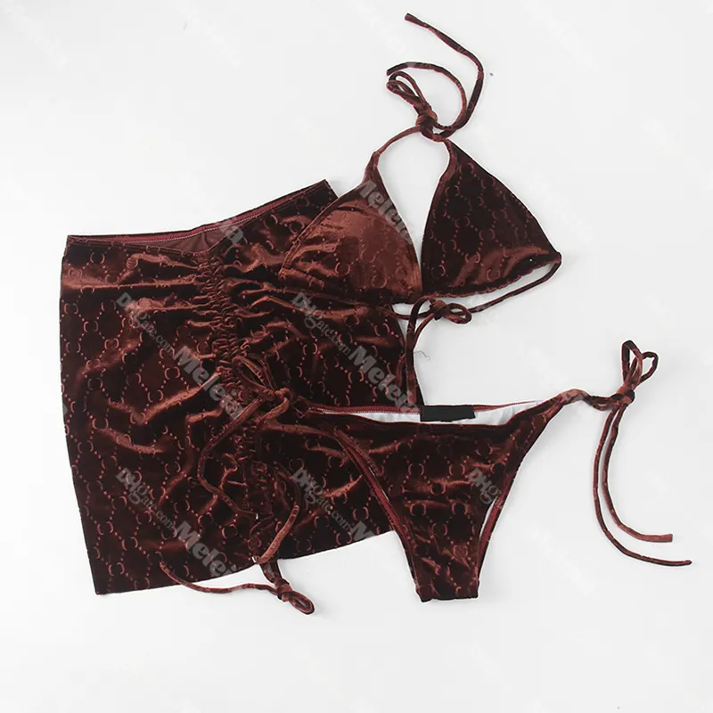 Velvet Three Piece Set badkläder designer strand biquini sommar kvinnor bikini kjolar klassiska brev tryckt baddräkt