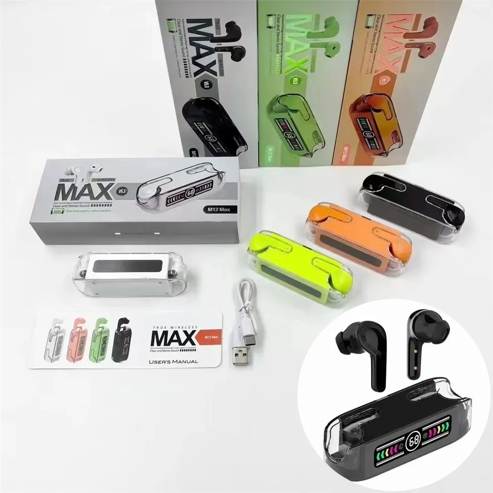 M12 Max Słuchawki bezprzewodowe przezroczysty cyfrowy wyświetlacz TWS Bluetooth 5.3 Słuchawcze do sterowania dotykiem Sport zestaw słuchawkowy stereo słuchawki do telefonu komórkowego Android iPhone