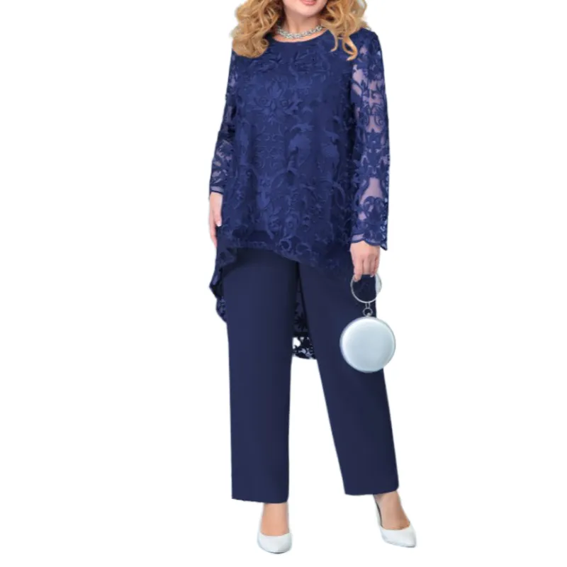 Women's Plus Size Pants Women Clothing Long Sleeve Lace Blouse Wide Leg Loose Two Piece Outfits Matching 2 Sets Outfit 230324