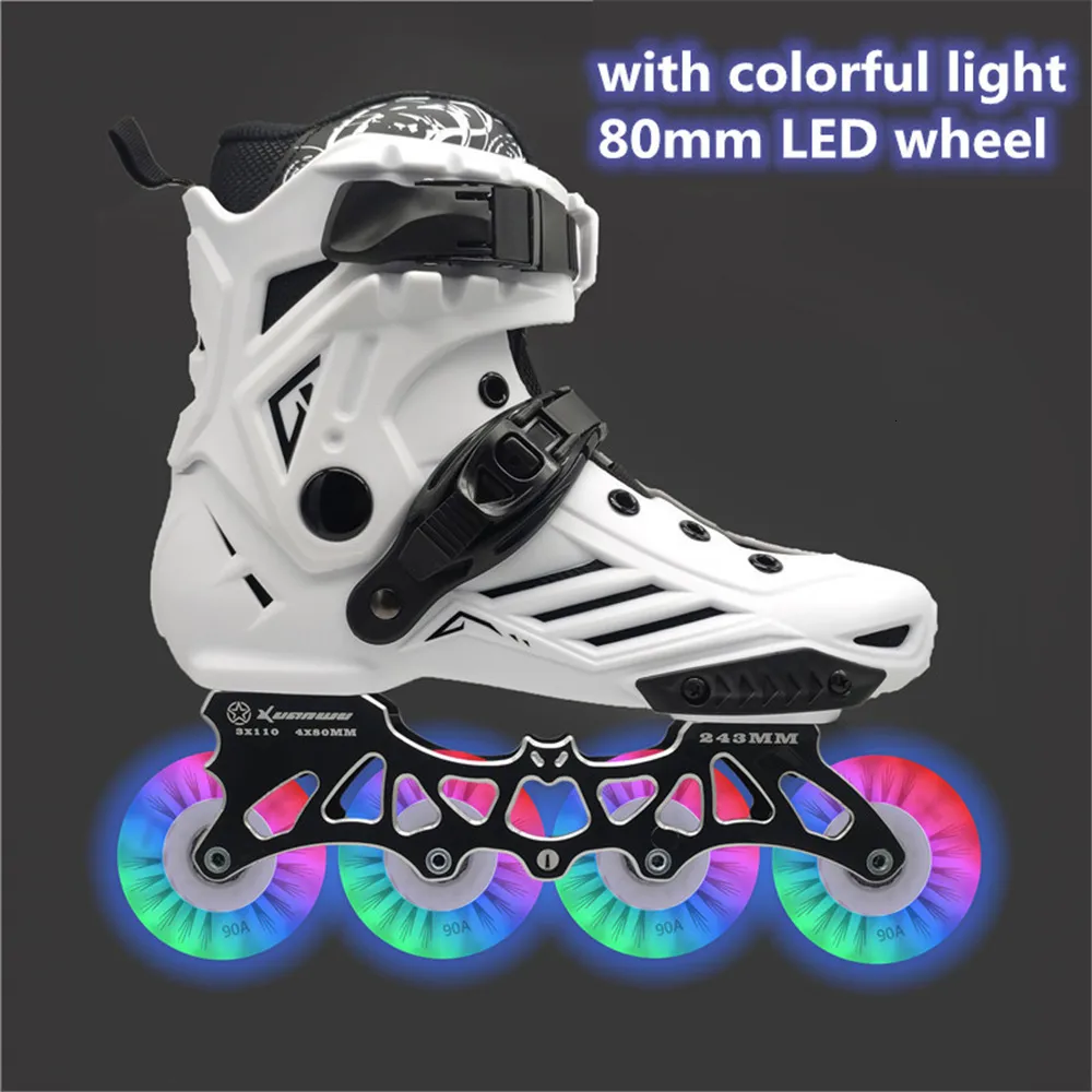 Роликовые коньки со светодиодной подсветкой, 80 мм, обувь для коньков FSK, обувь для слалома, белый, красный, синий, розовый, цветная вспышка, 4 колеса, 3 скорости колеса