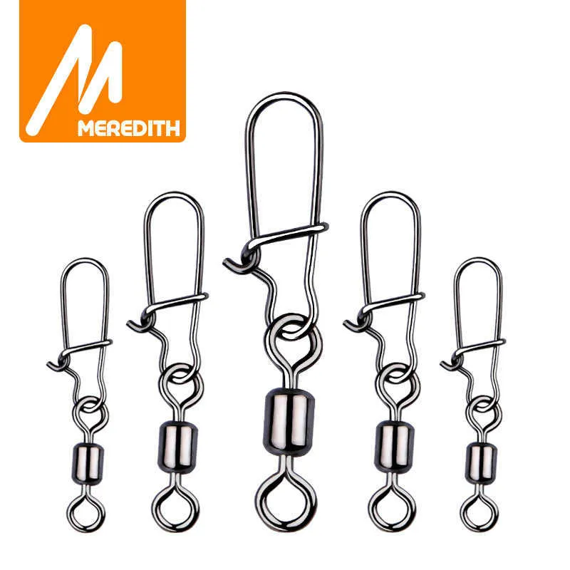 Vishaken meredith 50 stig snoekvisaccessoires connector pin lagering rollende roestvrij staal snap vishook lokaas swivels packle p230317