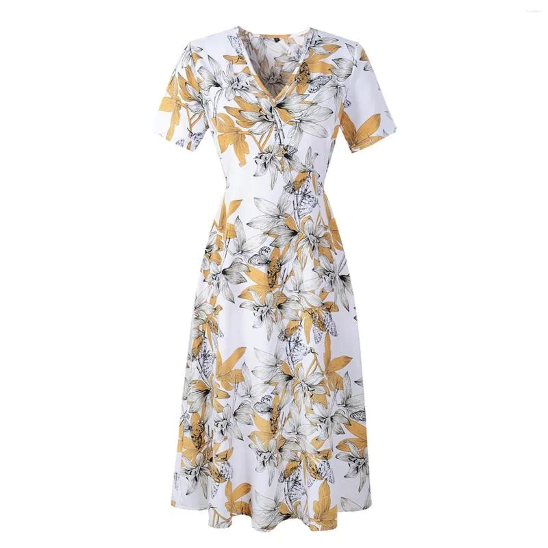 Casual Dresses Women's Summer Fashion Girly Mid-length Dress Floral Print Bohemian V-neck A-line Printed Short Sleeve Vestidos