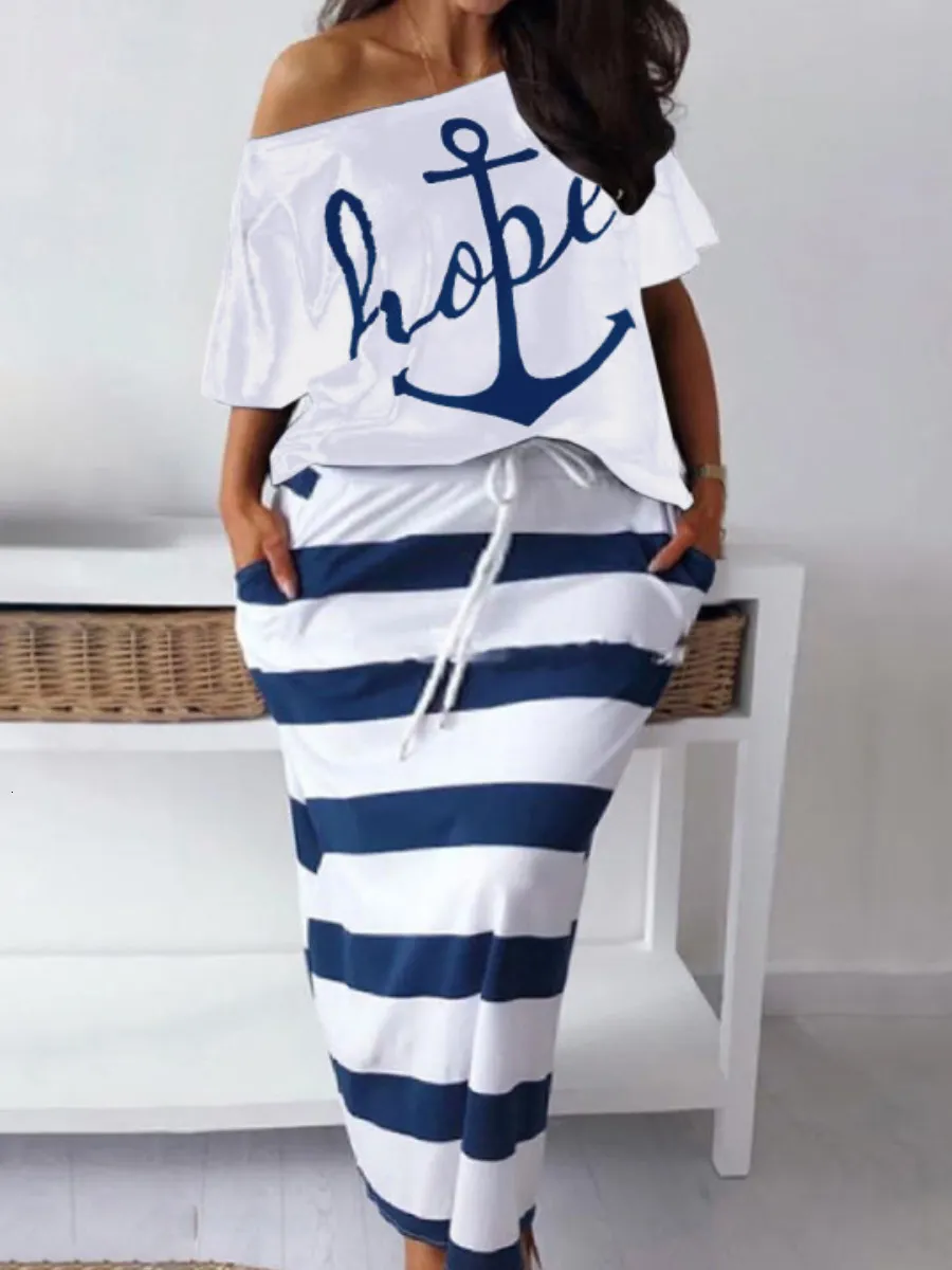 Women's Plus Size Pants LW Two Piece Letter Print Striped Skirt Set Elegant Vacation Twopieces Suit Sets Fashion Summer Topsskirt Matching O 230324