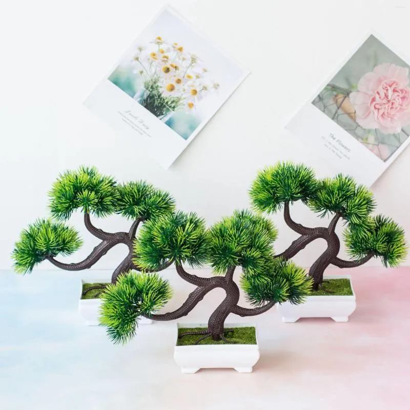 Fleurs décoratives 23x28cm vert pin artificiel en pot bonsaï 4 fourchettes boule d'herbe simulation invité salutation petites plantes décor à la maison