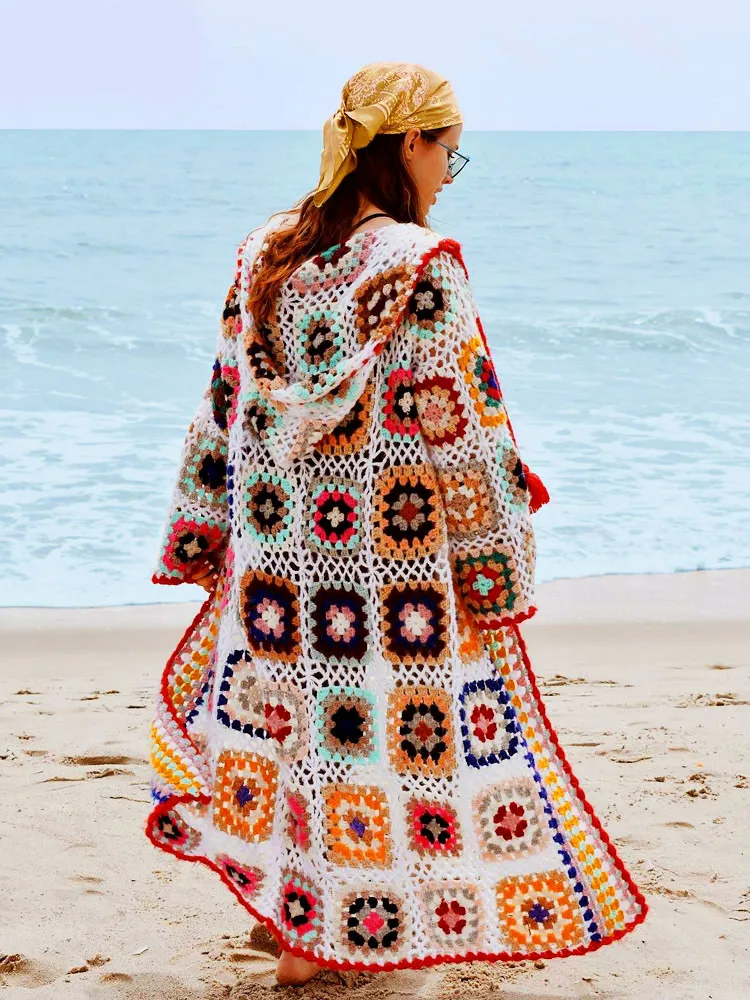 Women's Knits Tees GypsyLady Vintage Handmade Kintted Sweater Cardigan Multicolor Crochet Hooded Women Winter Long Outerwear Coat 230324