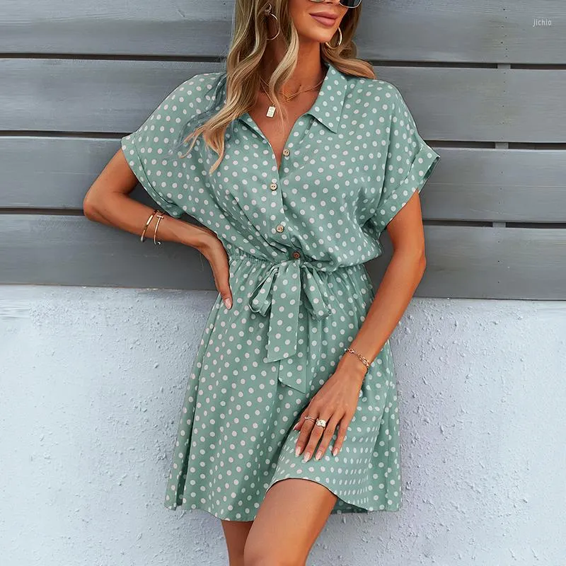 Casual Dresses Office Lady Boho Dot Print Shirt Dress Women Summer Clothing Green Bow-Knot Short Sleeve Outfit Loose Chiffon Mini