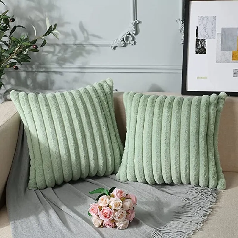 Cushion/Decorative Pillow Inyahome Throw Pillow Covers Soft Cozy Pillowcase Faux Rabbit Fur Cushion Cover for Couch Sofa Bed Chair Home Decor Saga Green 230324