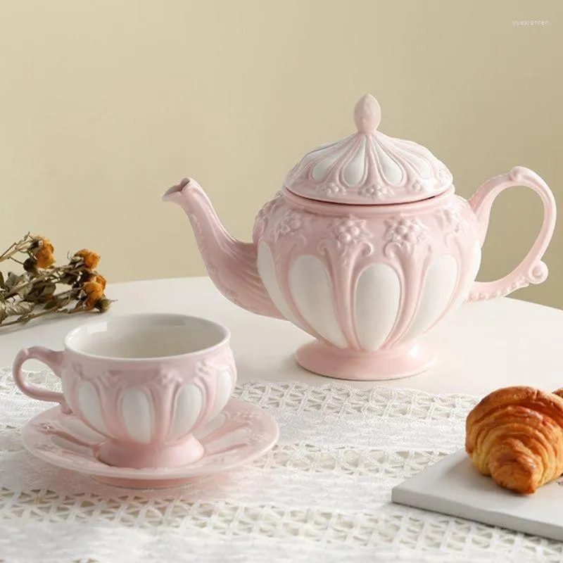 Cups Saucers Pink Retro Teapot Europe Relief Ceramic Mug Tea Cup And Set With Dessert Espresso Handle Drinkware Home Decor