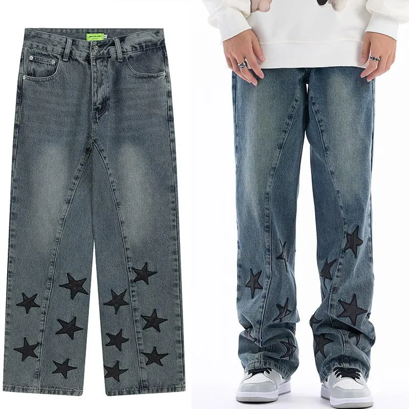 Men's Jeans Harajuku Vintage Blue Star Pattern Loose Men's Y2K Street Clothing Gothic Punk Oversized Casual Pants Women's Bermuda