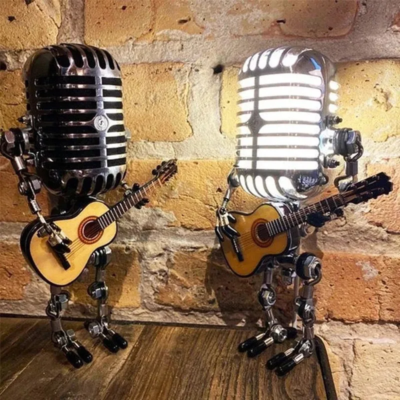 Dekorativa objekt Figurer Vintage Microphone Robot Lamp Spela Guitar Desk LED Lamp Light Vintage Miniatures Crafts Lighting Office Home Decoration 230324