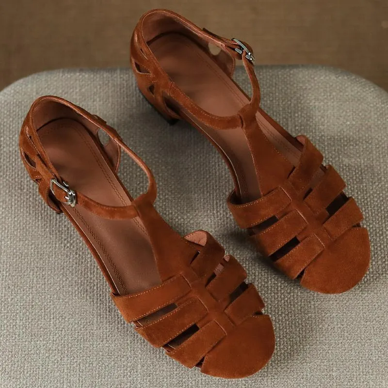 Sandalen Damen, natürliches Wildleder, T-Riemen, Käfig, römischer Stil, flache Schuhe, Student, runde Zehen, lässig, weiblich, täglich, Schuhe, Schuhe, Sandalen