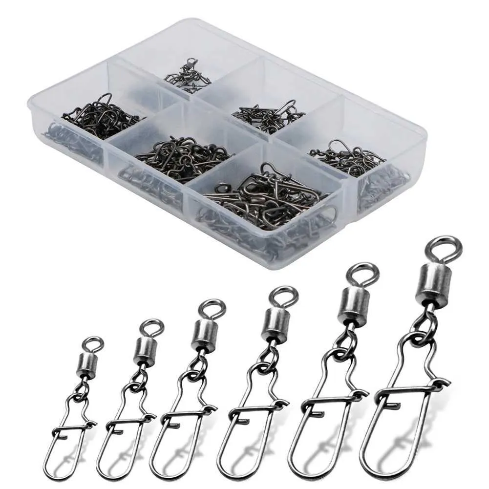 Vishaken 120 stks 6 Grootte Visaccessoires Connector Pin Lager Rolling Swivel roestvrij staal Snap Fishhook Lure Swivel Tackle Box Tool P230317