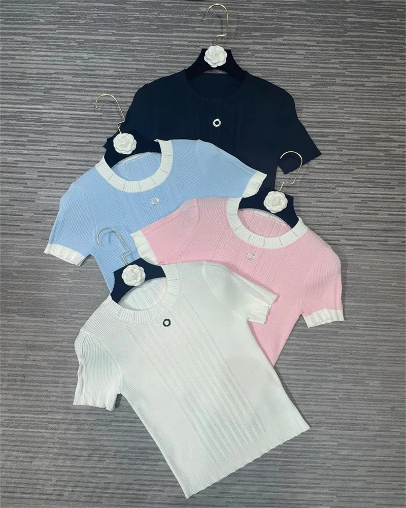 T-Shirt en tricot pour femmes nouvel été 4 couleurs femmes élégant tricoté chemise hauts Jacquard tissage col rond manches courtes pull décontracté