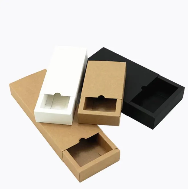 Schwarze Kraftpapier-Geschenkbox, weiße Verpackung, Karton, Hochzeit, Babyparty, Verpackung, Kekse, zarte Schubladenboxen, 100 Stück