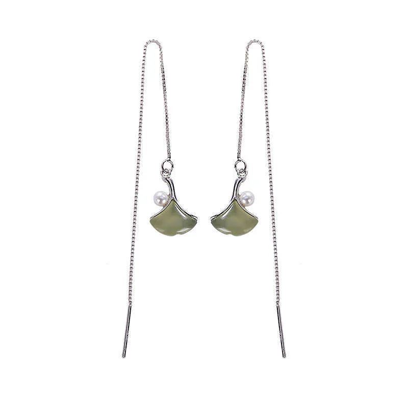 Charm S925 Sterling Silver Hetian Grey Jade Pearl Ear String Retro Personlig Ginkgo Leaf Lady Temperament Eardrop Earring Z0323