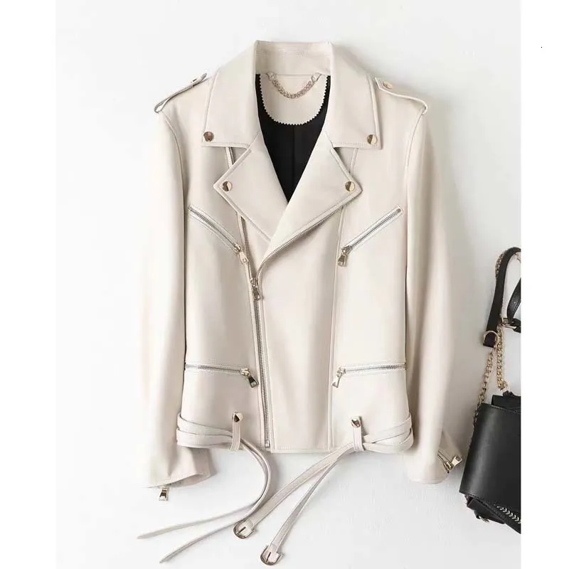 Women's Jackets Genuine Leather Jacket 2023 Fashion Locomotive Model Coat Spring Women Belt Clothes TurnDown Collar White And Black 230324